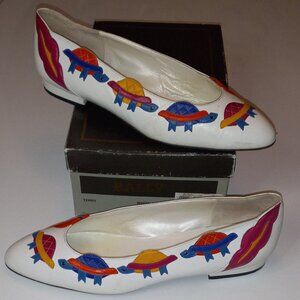 Vintage Bally Leather Flats White Colorful Turtles w/Box 9B Made in Italy TERRY